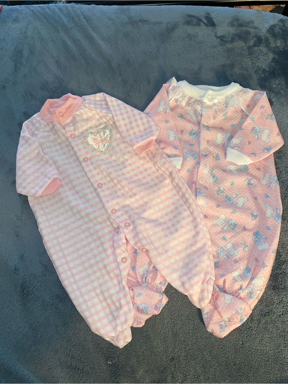 2 New Vintage 1999 Baby Pink Sleepers - Gingham & Printed Set, Size 0-3 months